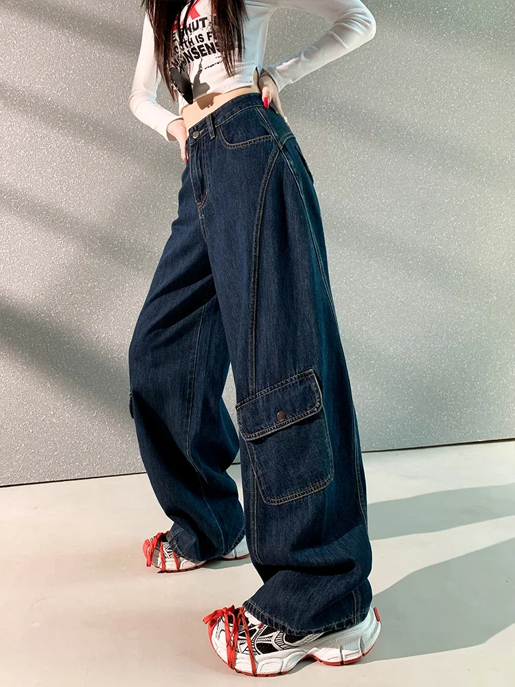 

Мешковатые широкие брюки с высокой талией и множеством карманов в стиле ретро, женские синие шикарные джинсовые джинсы 2000-х годов, повседневные универсальные брюки Y2k