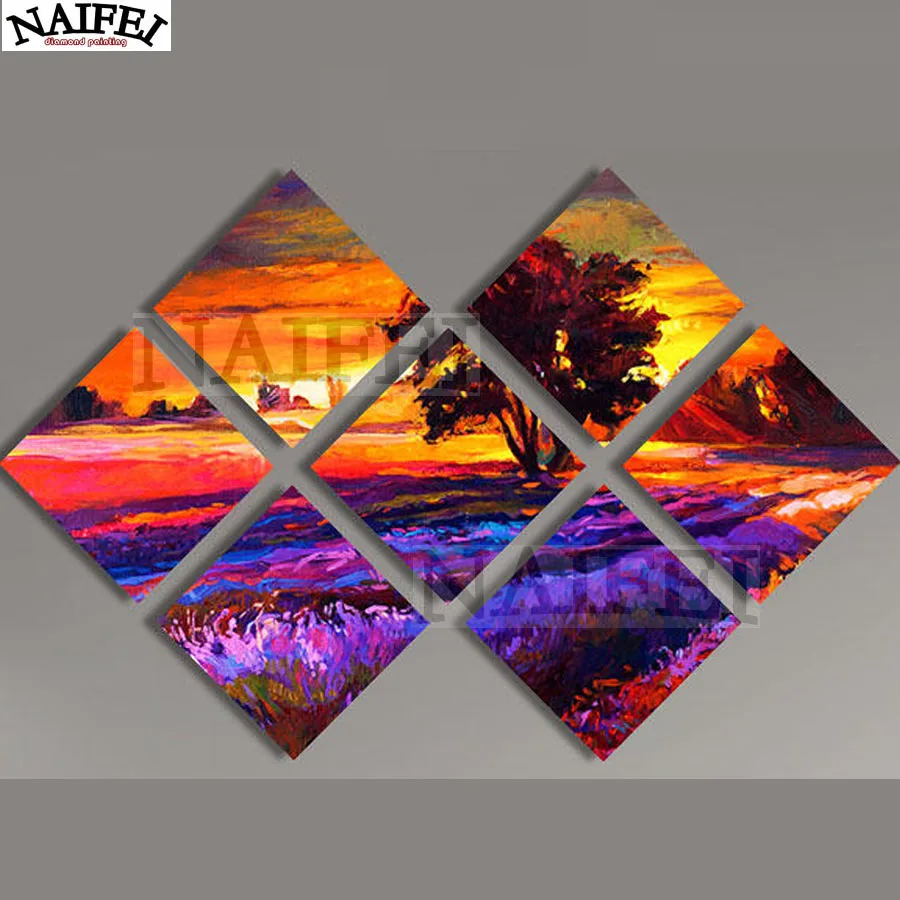 Full Diamond Painting Cross Stitch, 5D Diamond Embroidery, Mosaic Multi-picture Stickers Decor, Sunset and Tree Landscape, 7 PCs