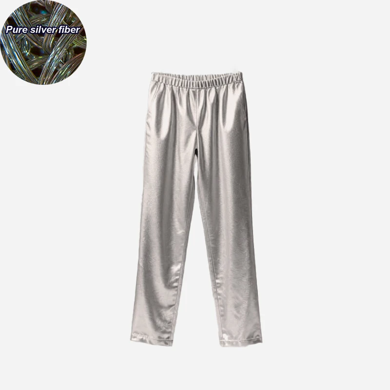 Luxury Silver Fiber Pants Anti-radiation EMF RF Blocking Conductive Faraday Fabric Trousers 5G Signal Shielding Silvery Slacks
