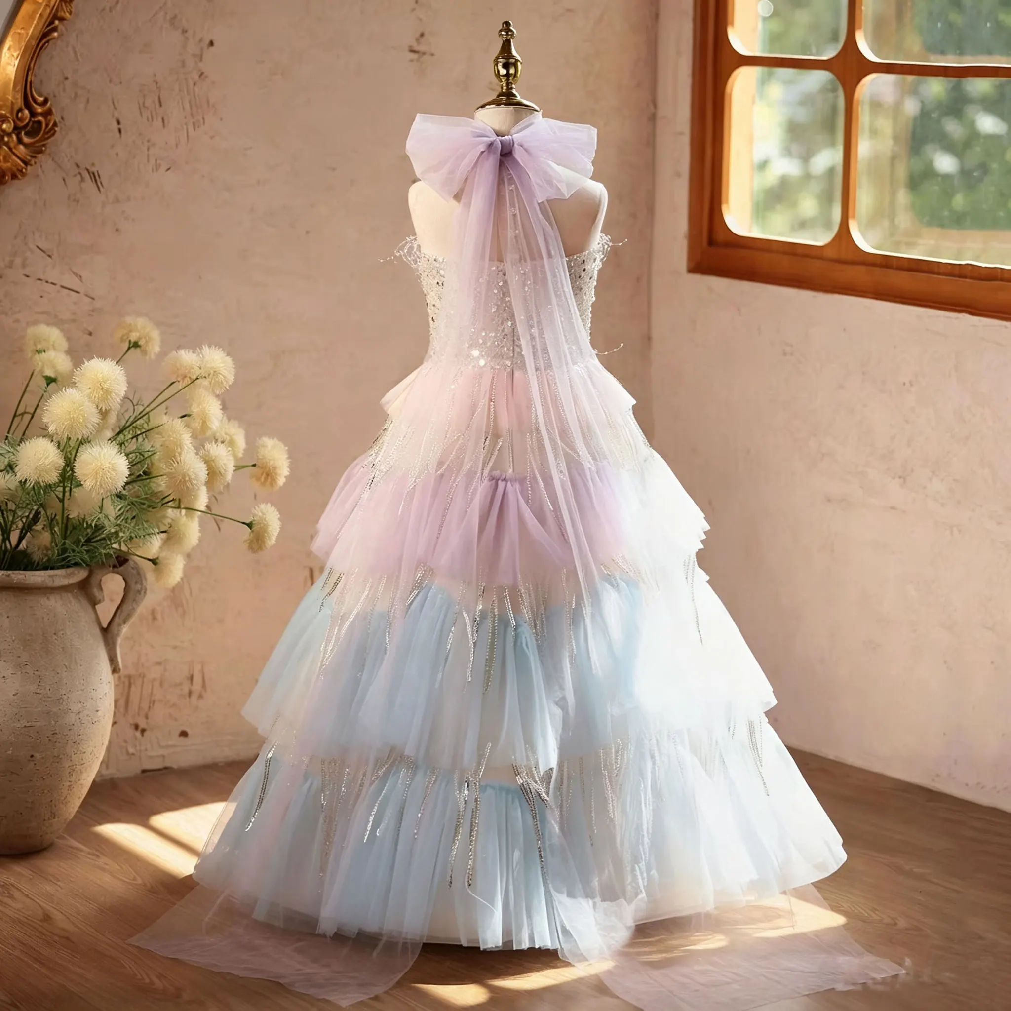 Jill Wish J622 Girls Luxury Pastel Rainbow Tulle Princess Dress Sparkly Sequin Layered Flower Girl Party Gown Ombre Bodice