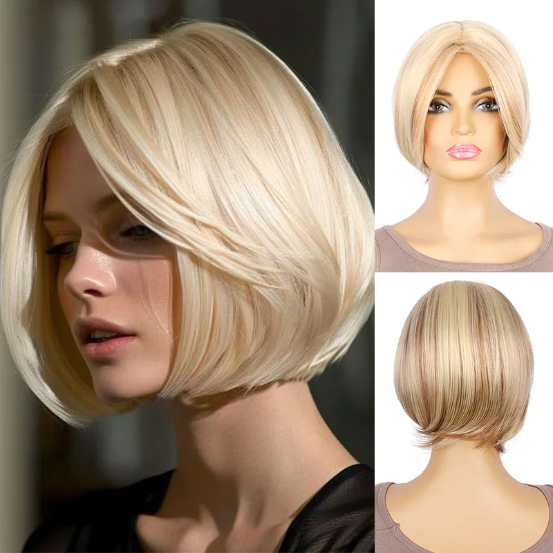

European and American Style Women's Golden Mixed Color Middle Part Short Straight Bob Wig with Inner Buckle Synthetic Hair Wig