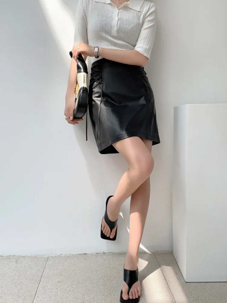 Sexy Women A Line Short Mini Skirt Ladies Soft Sheepskin High Waist Side Lace Up Skirts Spring 100% Genuine Leather Wrap Skirt