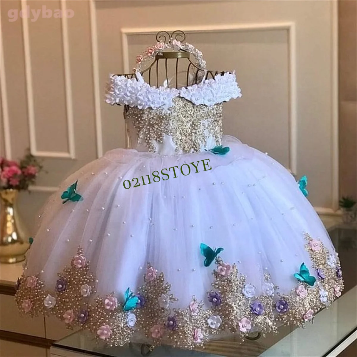 CusLace Flower Girl Dress Baby Girls Dresses Off Shoulder Pearls Lace Butterflies Flower Girl Dress Infant First Birthday Party