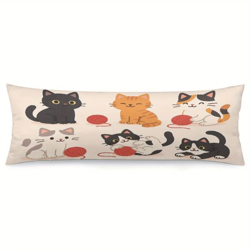 1 Ultra-Soft Long Pillow Cover - Cute Cat Playing with Ball Design, Soft Plush Bed Pillowcase with Zipper Closure, Large 20x54 I