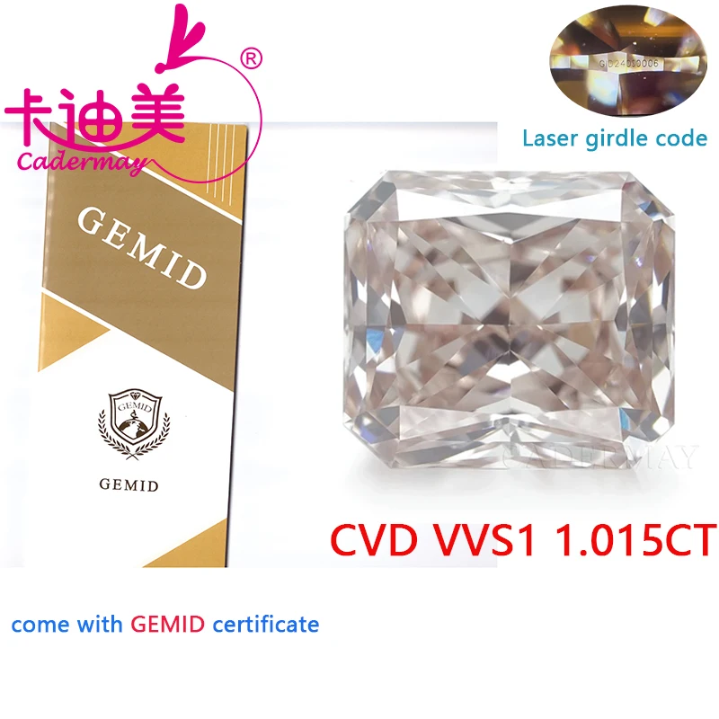 CADERMAY Radiant Shape EX Cut Fancy Pink Color VVS1 Clarity CVD Lab Grown Diamond Loose Stone Gemstone For Jewelry Making