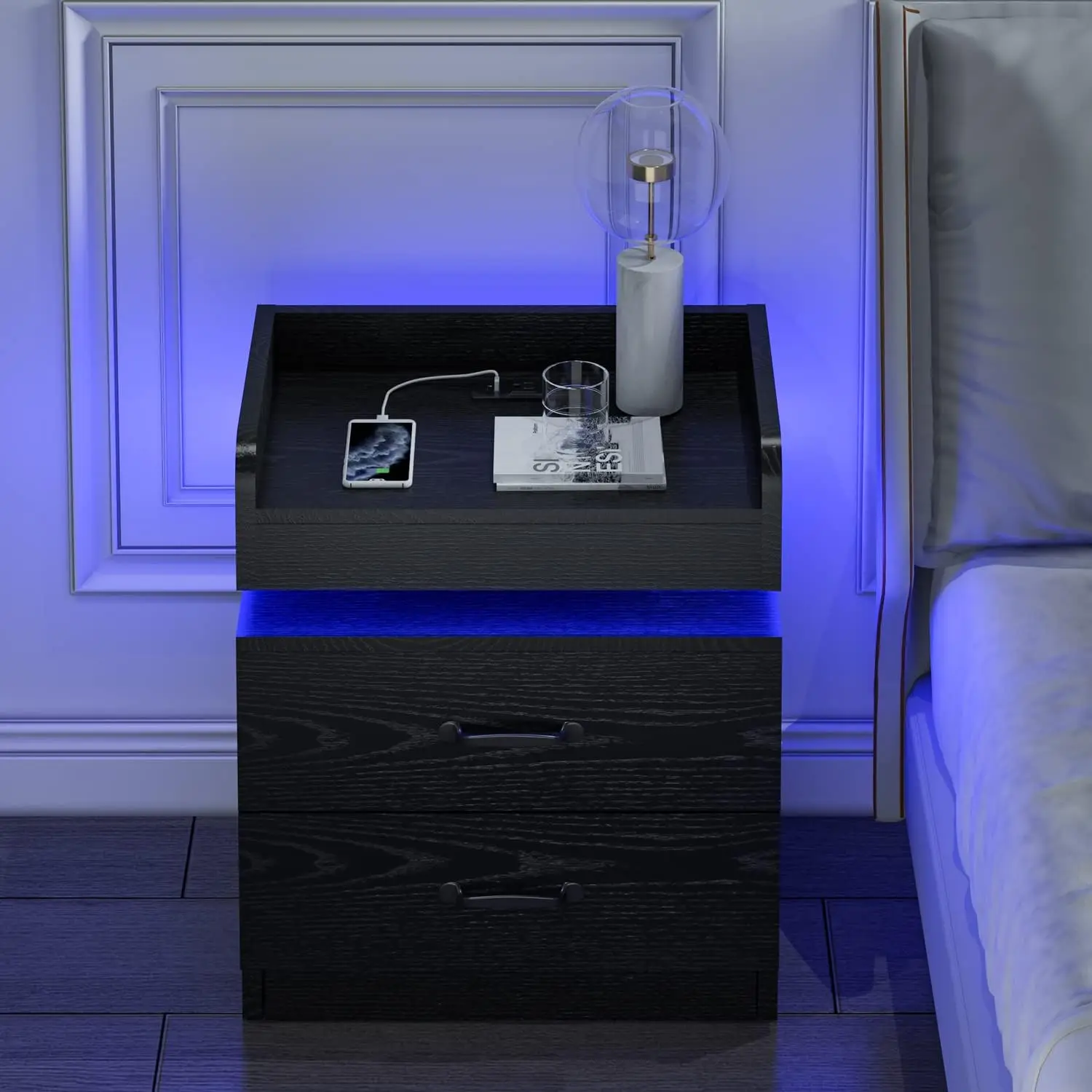 Nightstand Set of 2 with Charging Station, Black Night Stand with LED Lights