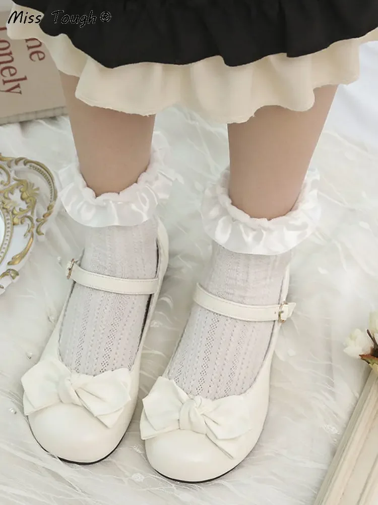 Autumn Lolita Cute Mary Janes Shoes Women Japanese Style Pure Color Bow Kawaii Sandals Female Round Toe Buckle Casual Shoes 2024