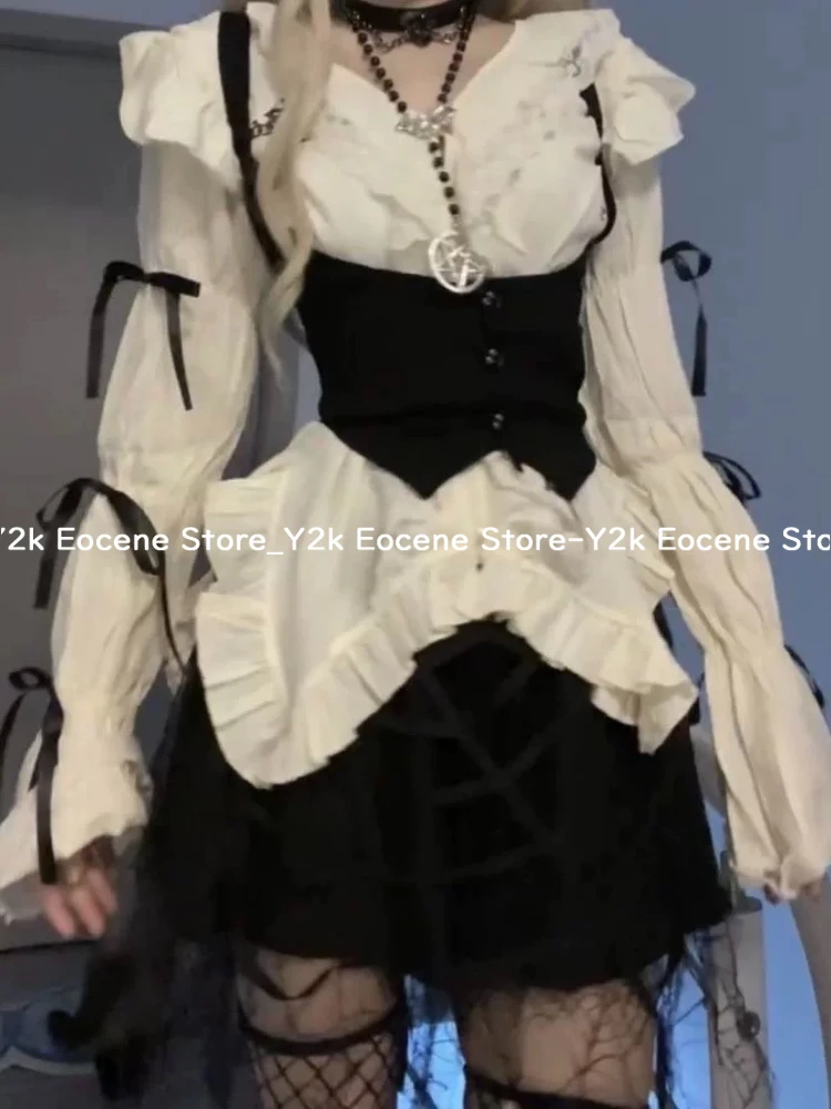 Subculture Vintage Lace Ruffle Trim Bow Tie Backless Blouse Women Slim Fit Long Sleeve Y2k Streetwear Female Trendy Casual Tops