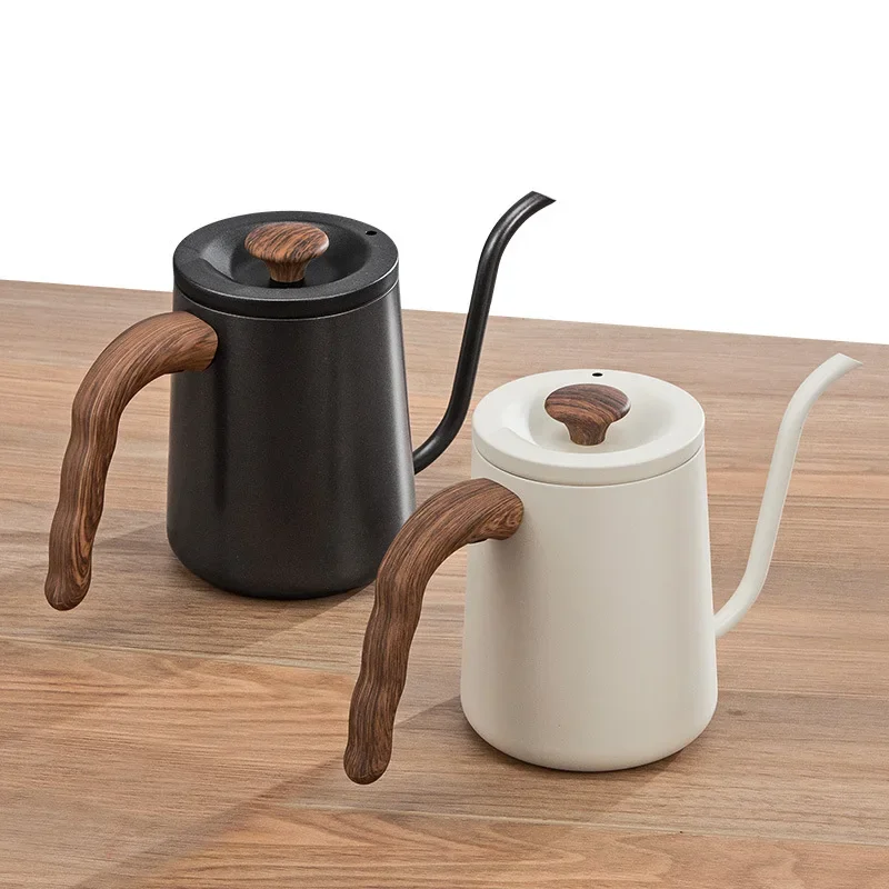 600ML Stainless Steel Coffee Pot with Solid Wood Handle For Hand Brewed Coffee Household Kitchen Cafe Accessories Narrow Mouth