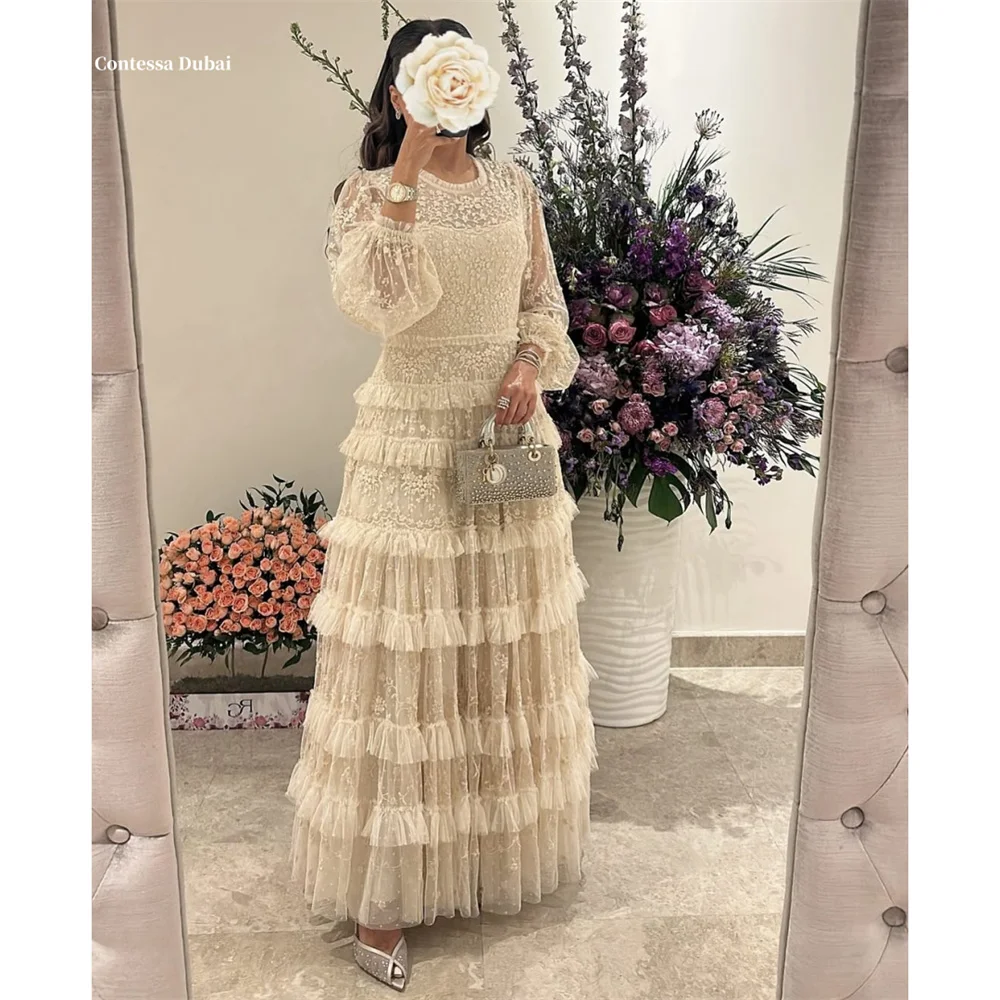 

Contessa Dubai Column Lace Embroidery Puff Sleeves Prom Dress Round Neckفساتين سهرات Sweep Train 2025Srobes de soiré