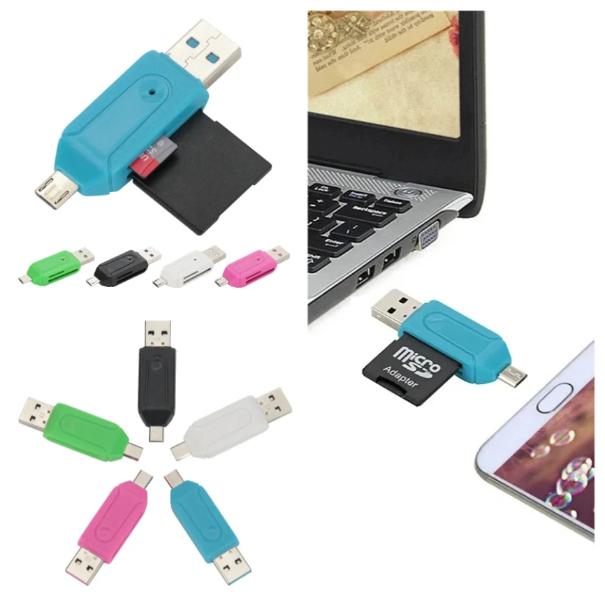

500pcs 2 in 1 USB Male to Micro Male Dual Slot OTG Adapter With TF/SD Memory Card Reader For Android Phone Computer