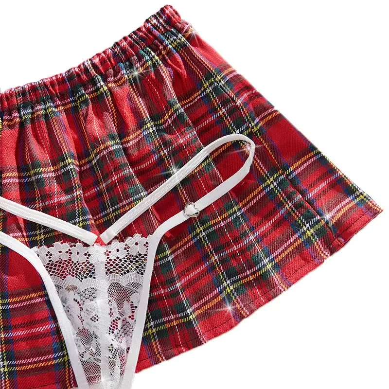 Sexy Schoolgirl Style Plaid Uniform Set Includes Floral Lace BraletteThong Skirt And Tie-Women Lingerie And Panties