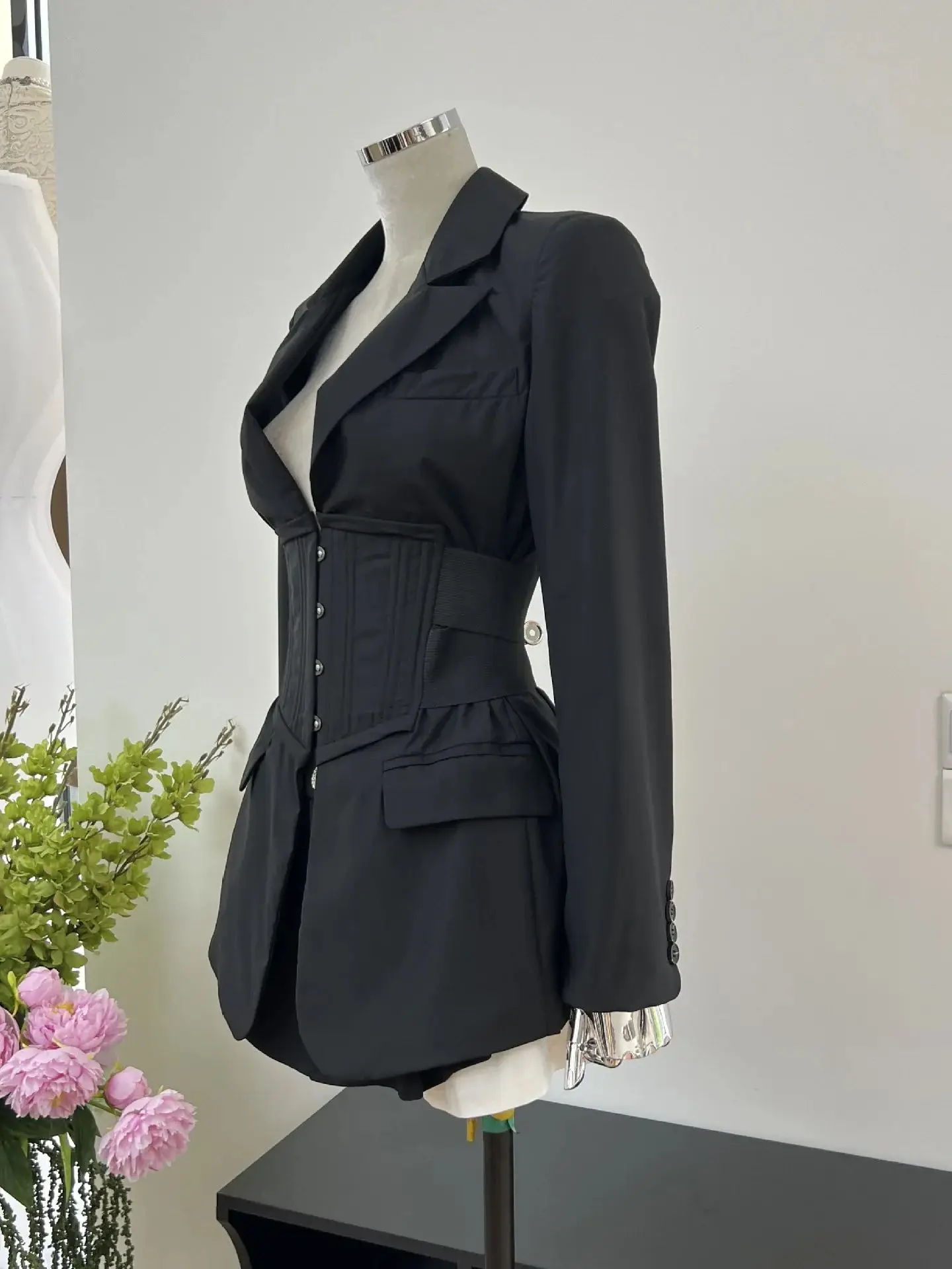 Autumn New Slim Fit Sexy Lapel Long Sleeve Fishbone Waist Cincher Splicing Fashion Jacket Women's Suit Outerwear Clothing Top