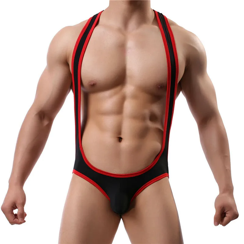 Sexy masculino bodysuit gelo seda undershirts elástico macacão collant wrestling singlet pênis bolsa briefs gay jockstrap cueca