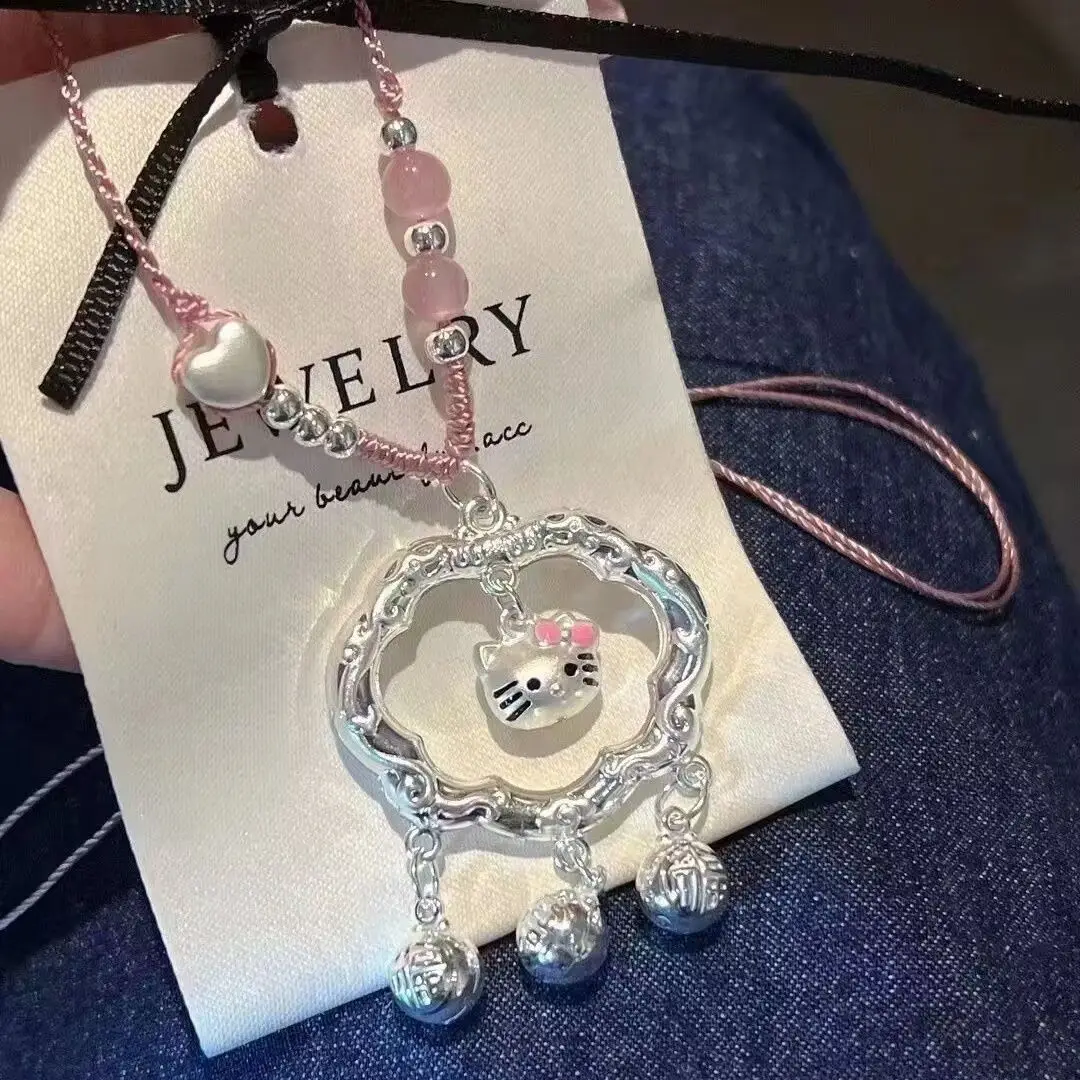

2025 New Pure Silver 999kt Cat Pendant Cloud Lock Pure Silver Hello Kitty Silver Lock Heart Braided Necklace for Women