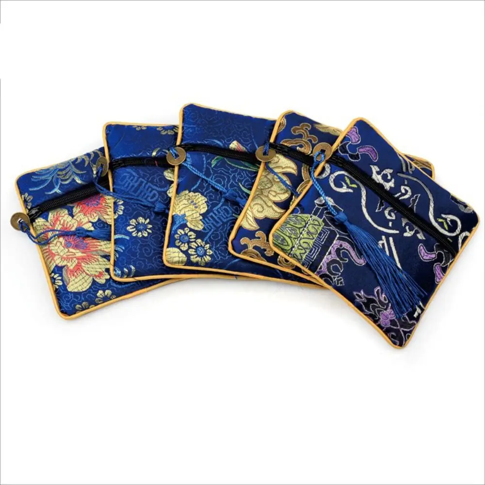 

Tassel Mini Embroidery Canvas Coin Purse Dragon Square Flower Jewelry Packing Bag Card Holder Purse Wallets