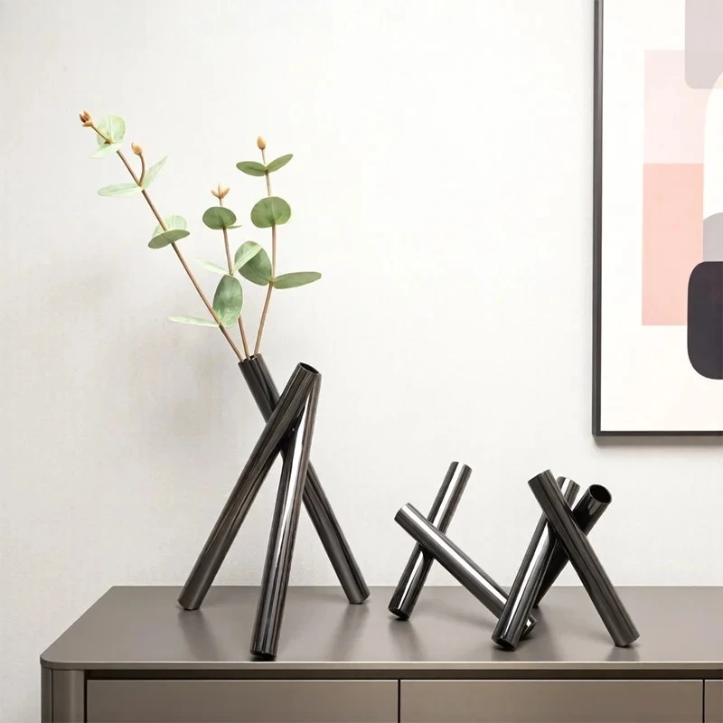 Minimalist Stainless Steel Vase Geometric Vases Tabletop Artificial Flower Decorative Flowers Arrangement Room Aesthetic Decor