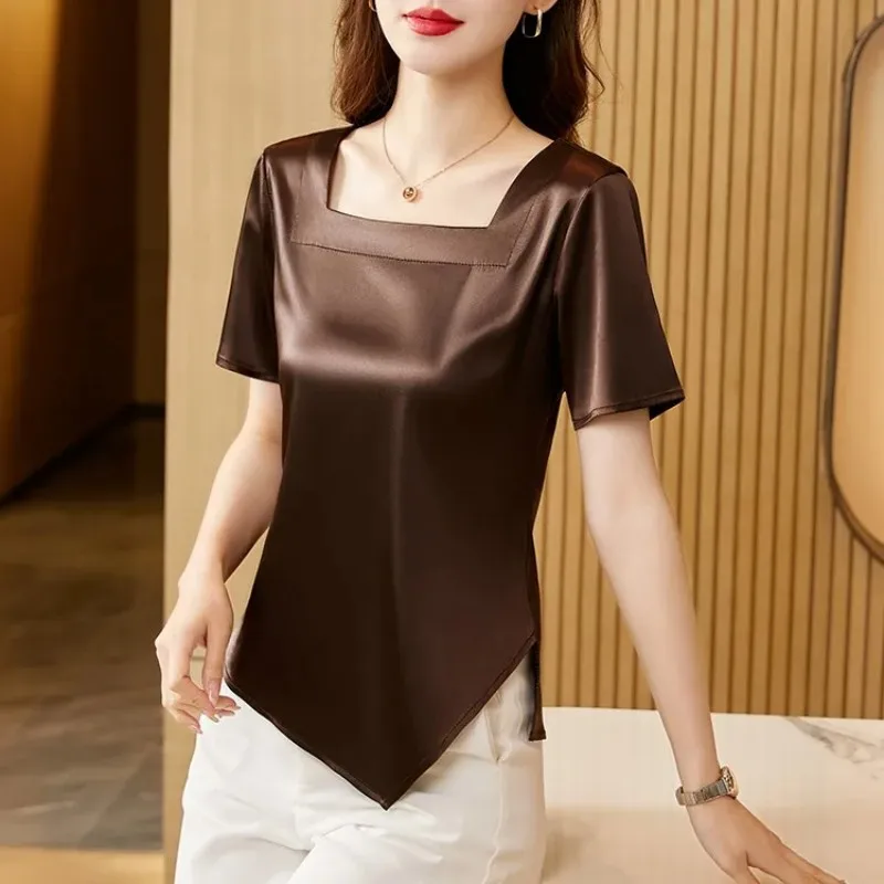 Satin Blouse Women Square Collar Womens Tops Silk Short Sleeve Blouses Elegant Ladies Tops 2023 Fashion Summer Female Clothing