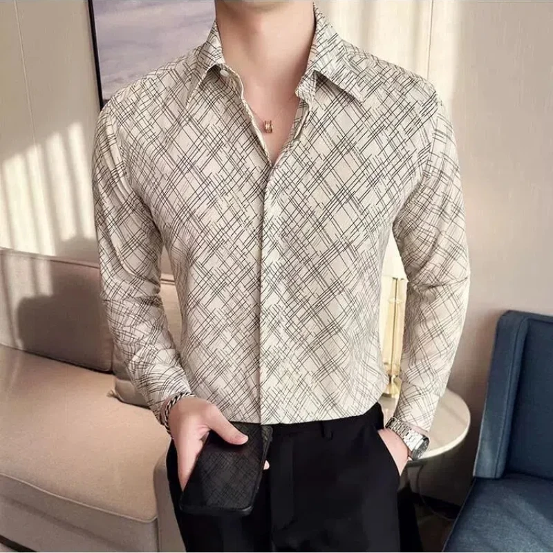 Korean Fashion Trend Men Shirts Autumn New Lapel Printing Single Breasted High Street Casual Office Social Long Sleeve Slim Tops