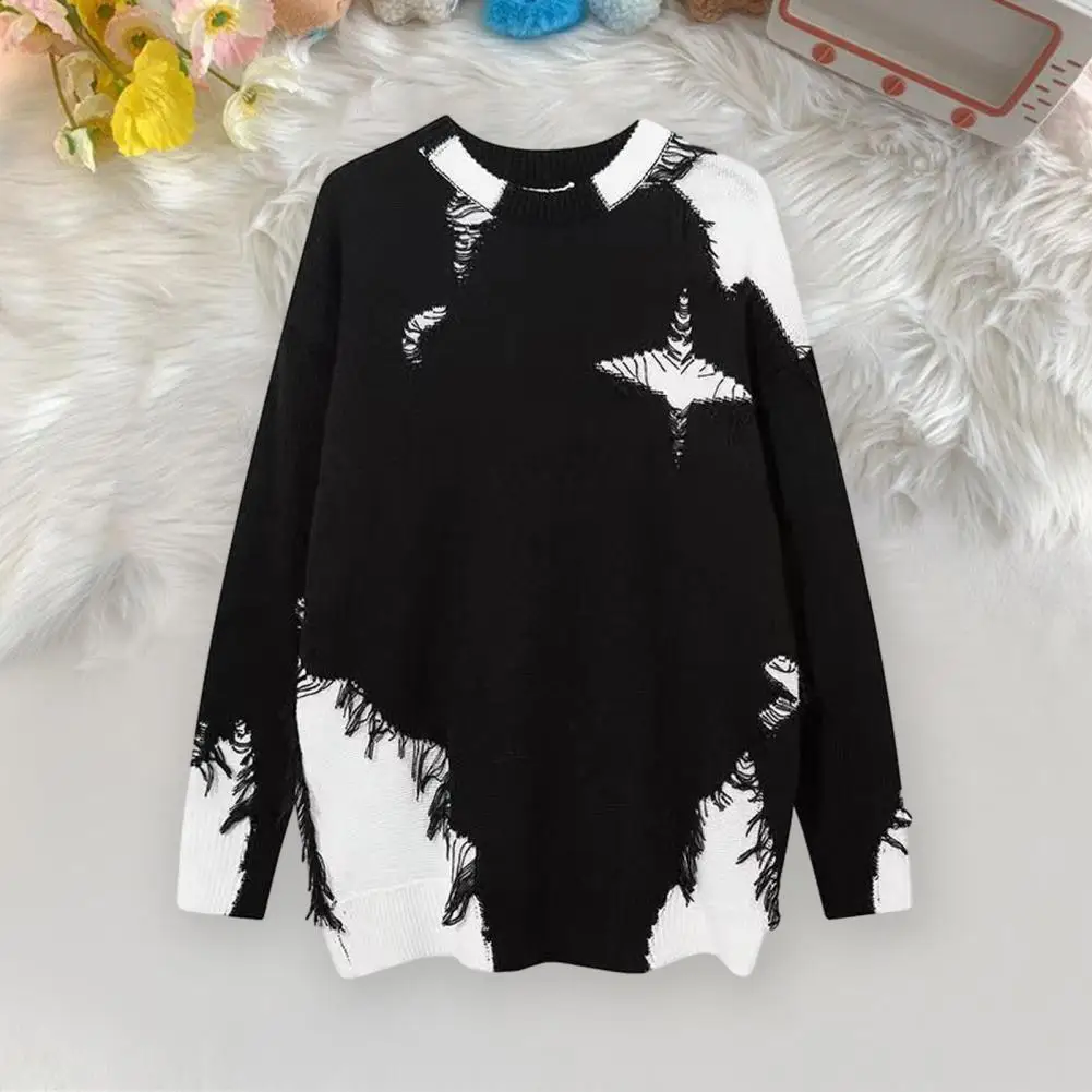 

Casual Tassel Sweater Stylish Women's Fall Winter Sweater with Ripped Tassel Color Matching Round Neck Knitted Loose Long for A