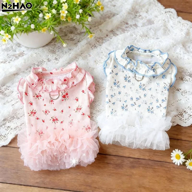 Teddy Dog Fluffy Dress with Mesh Floral Patchwork and Spring Flying Sleeves