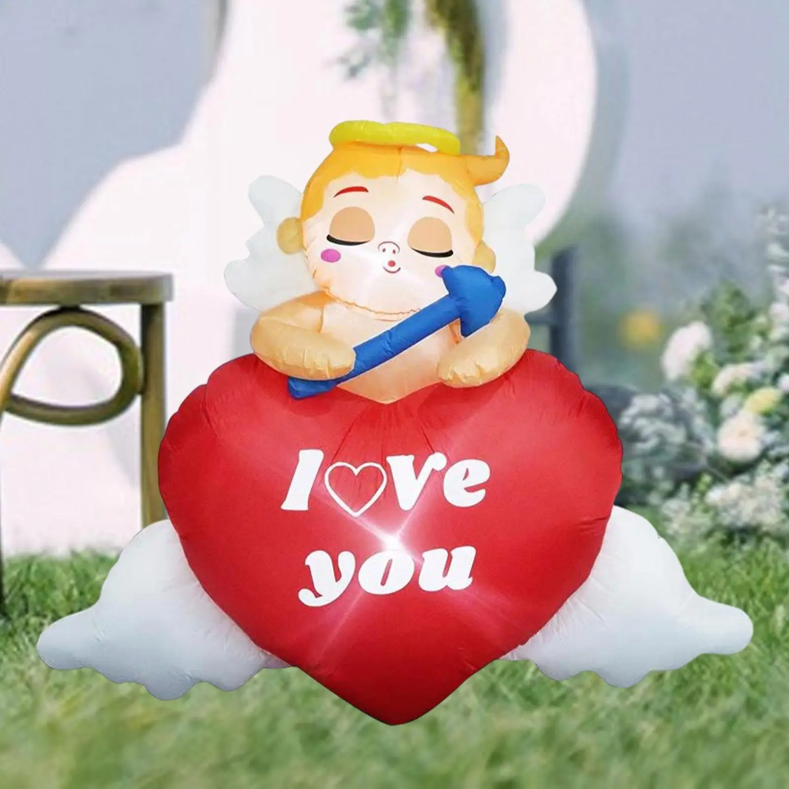 5FT Valentine Inflatables Holiday Cupido Art Decor with Light Holding Love Heart for Anniversary Wedding Proposal Garden Party