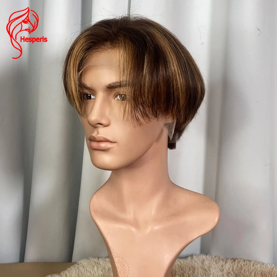 Hesperis Highlight Man Wig Human Hair 13x6 Brazilian Remy Lace Front Wig For Male Short Pixie Wig Brown With Blonde Highlight