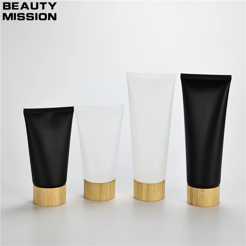 150ML 200ML X 25 Matte Black Transparent Squeeze Soft Tube With Bamboo Screw Lid Empty Facial Cream Soft Tube Cosmetic Packaging