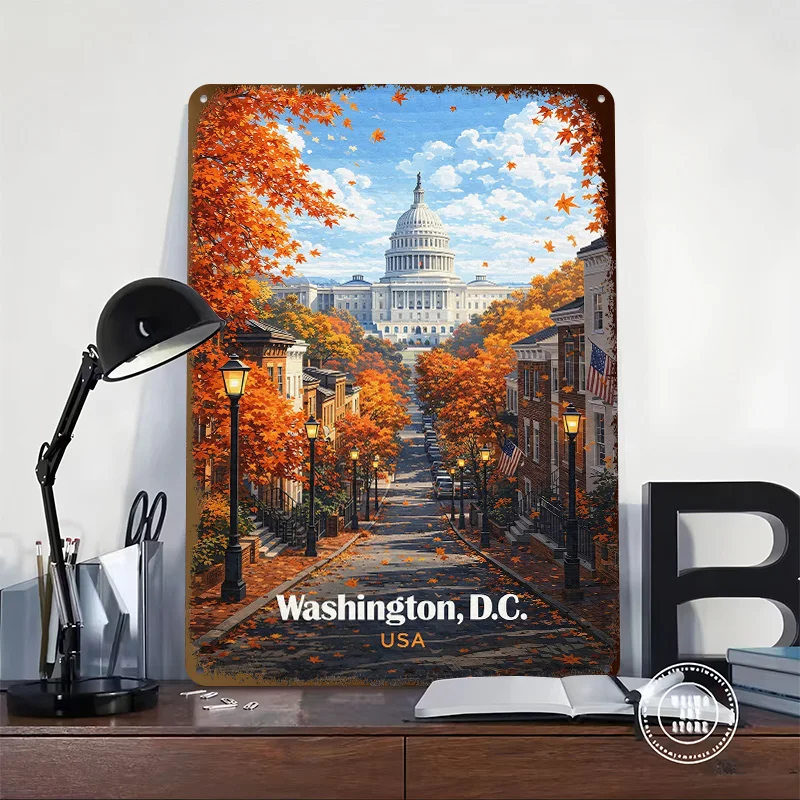 Washington D.C. Capitol Building in Autumn Personalized 3D Textured Metal Poster Wall Art Vintage Tin Signs for Coffee Bar Decor