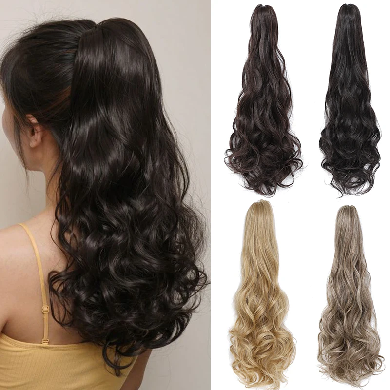 

Long Wave Ponytail for Women Synthetic Claw Hairpiece Fake Tail Hair Extensions 24 Inch Brown Blonde Curly Wavy Clip on Ponytail