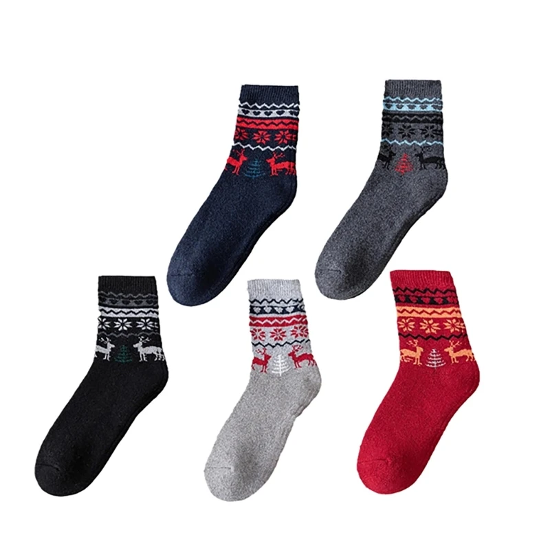 5 Pairs Men's Vintage Ethnic Faux Wool Socks Thick Warm Breathable Knitted Thermal Socks for Hiking Camping and Drop Shipping