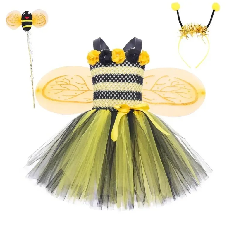 

Yellow Little Bee Animal Performance Costume Halloween Children's Cosplay Costume Girls Dance Performance Fluffy Skirt