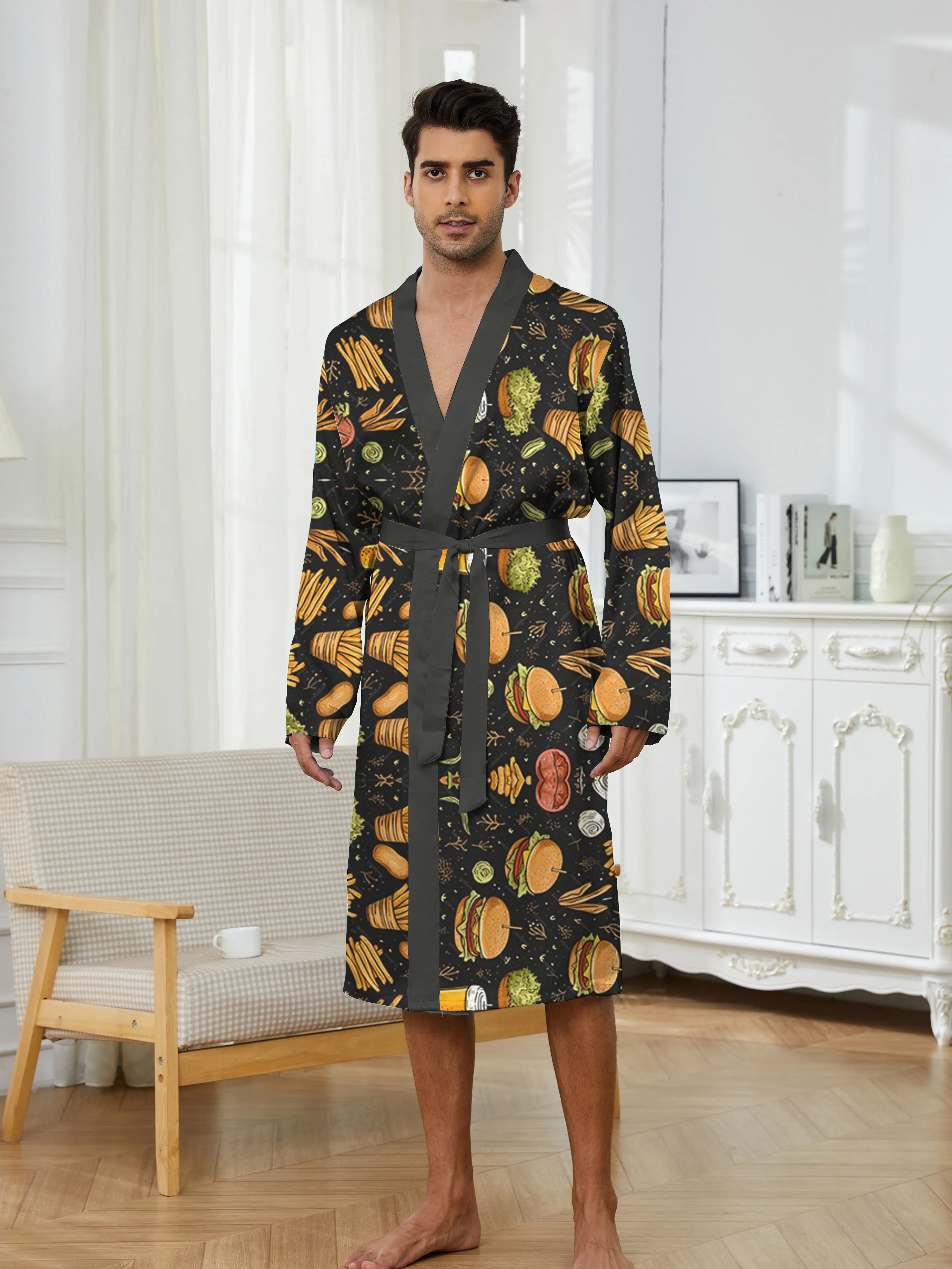 Spring and Autumn Men's Fun Long Robe with Digital Printing and Quick Drying, Casual and Trendy Men's Sleeping Robe Home.