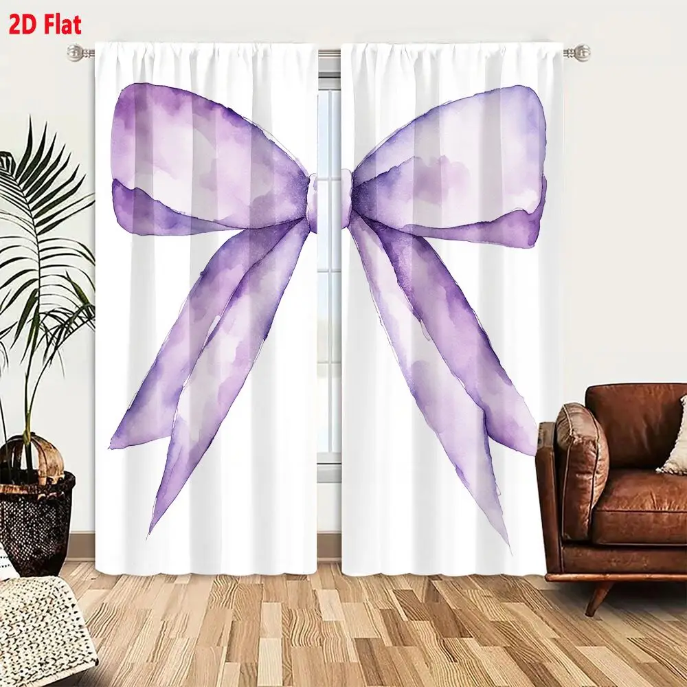 2Pcs Curtains 2D Flat Watercolor Illustration Of A Purple Bow With Soft Blended Shades Light And Darker Purple Textured Painterl