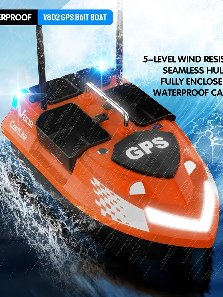 LOKEEVAN V802PRO Köderboot zum Karpfenangeln mit GPS-Doppelantenne, 4 Trichter und Lichtern, Fernbedienung bis zu 500 m