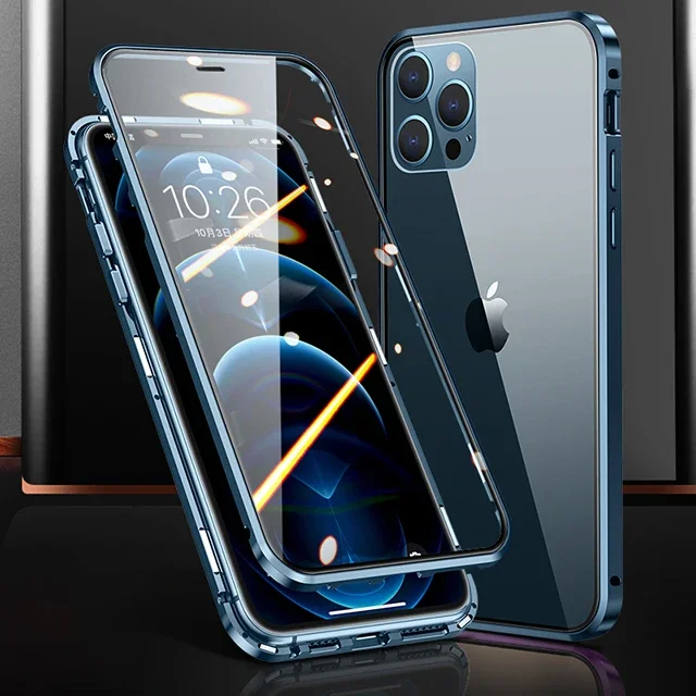 Magnetische Hülle für iPhone 17 16 15 Pro 14 Pro Max 13 12 11 Metall Doppelseitige Glasabdeckung iPhone XR XS Max 7 8 SE 2020 360 Grad – Detail 11