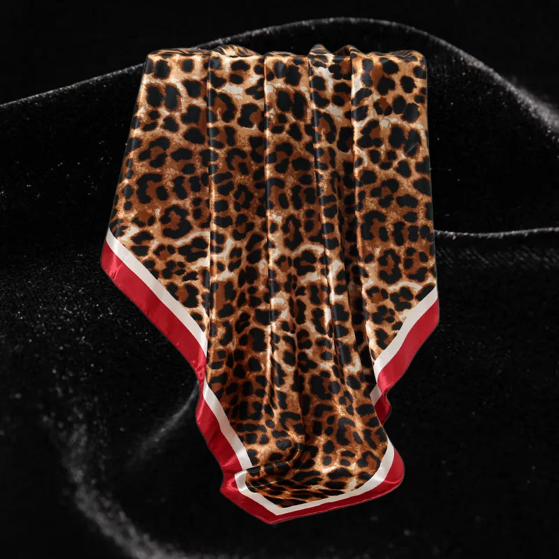 Leopard print satin square scarf 90cm hair wrap women vintage brown leopard scarf with red border black white leopard headscarf