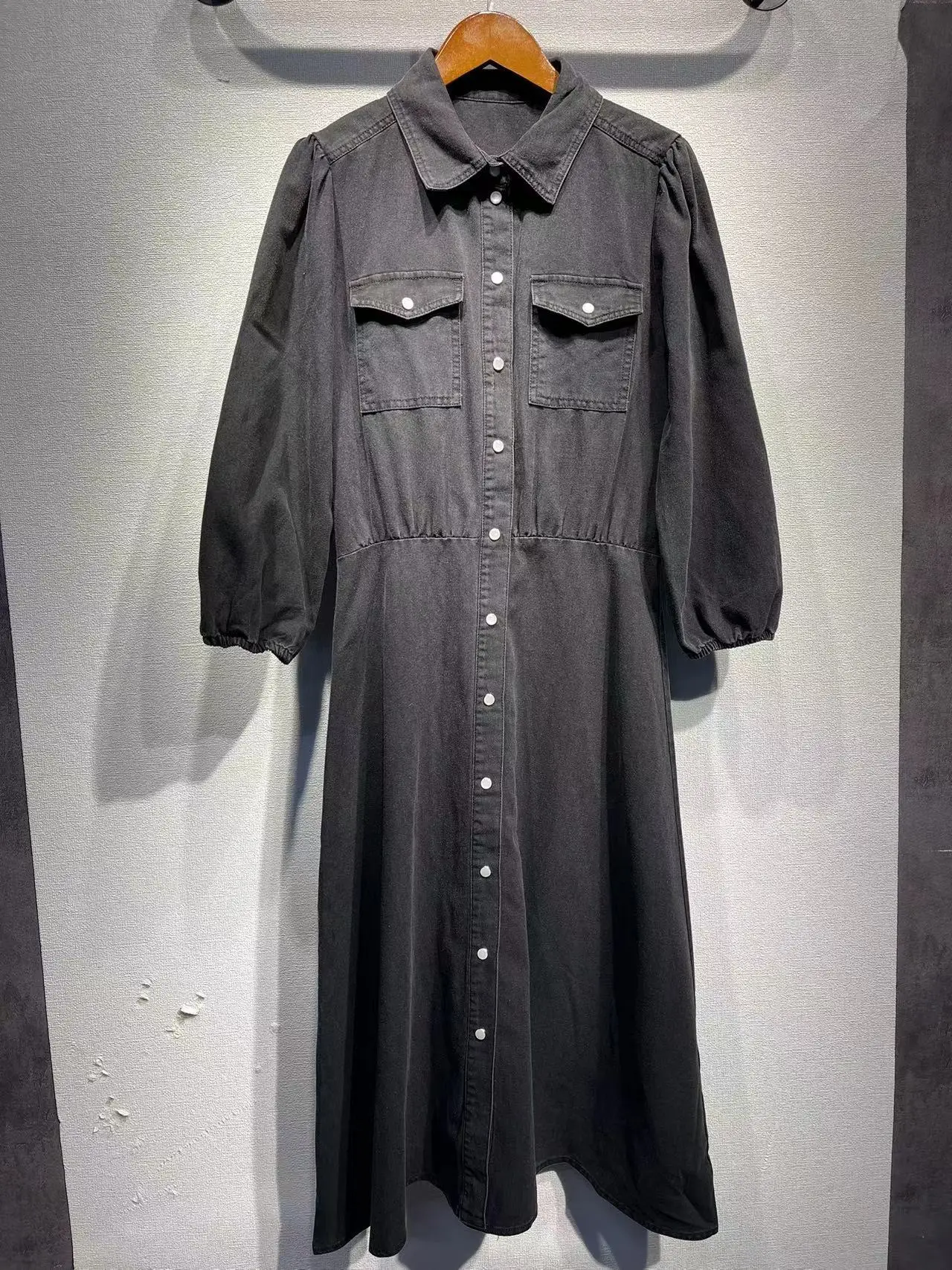 

Ele Bla Turn-down Collar Single-button Slim-fit A-line Denim Dr Long Skirt Autumn Winter New Arrival French Sle