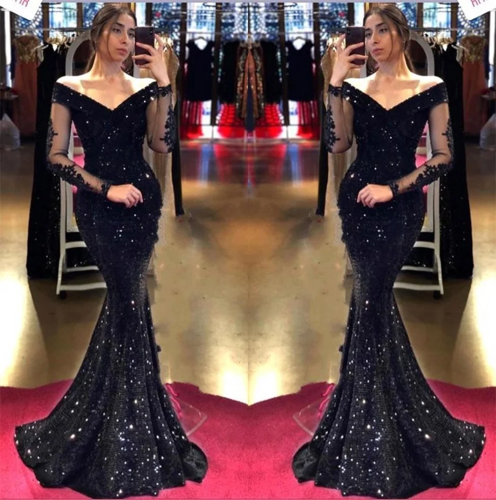 

Sparkling Sequins Mermaid Evening Dresses With Long Sleeves Black Off The Shoulder Tulle Lace Appliqued Prom Party Gowns Arabic