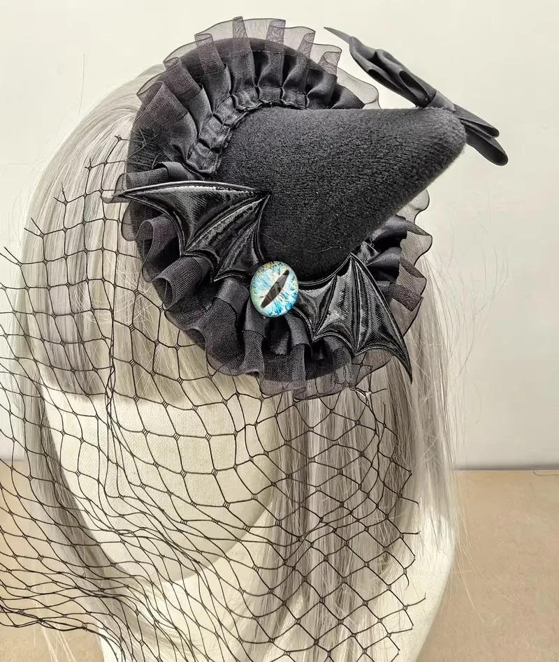 Gothic dark-themed queen bat demon with eye roses  small hat performance party accessory view 3