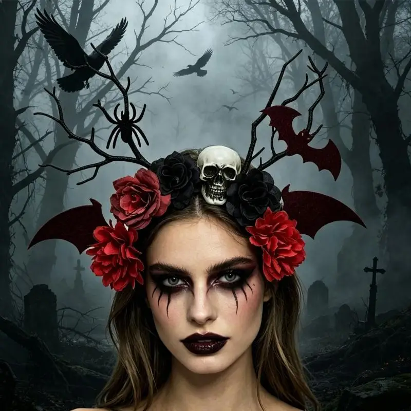 A52E Elegantes Halloween-Haarschmuck-Design mit detaillierten Zweigen und falschen Blumen – Detail 7