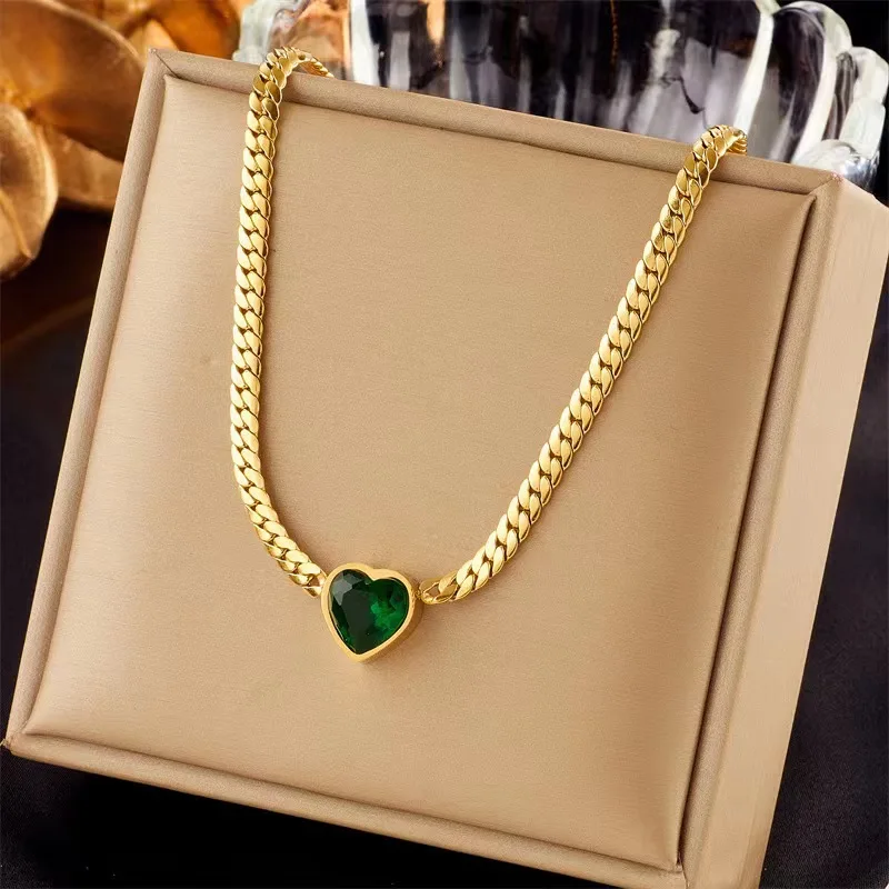 Stainless Steel Heart-Shaped Green White Crystal Pendant Necklace Bracelet For Women Fashion Jewelry Set Party Gift