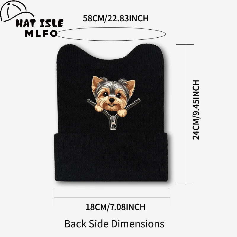Charming Cute Cat Ear Beanie, Yorkshire Dog Zipper Cartoon Print, For Daily Outdoor Walk, Holiday Camping & Casual Activity