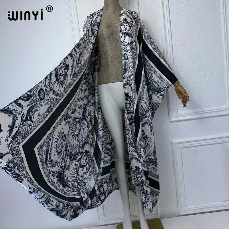 WINYI Kimono lato elegancki abstrakcyjny nadruk sweter damski bluzka abaja zakrywająca plaża kobiety boho maxi sukienka party kaftan