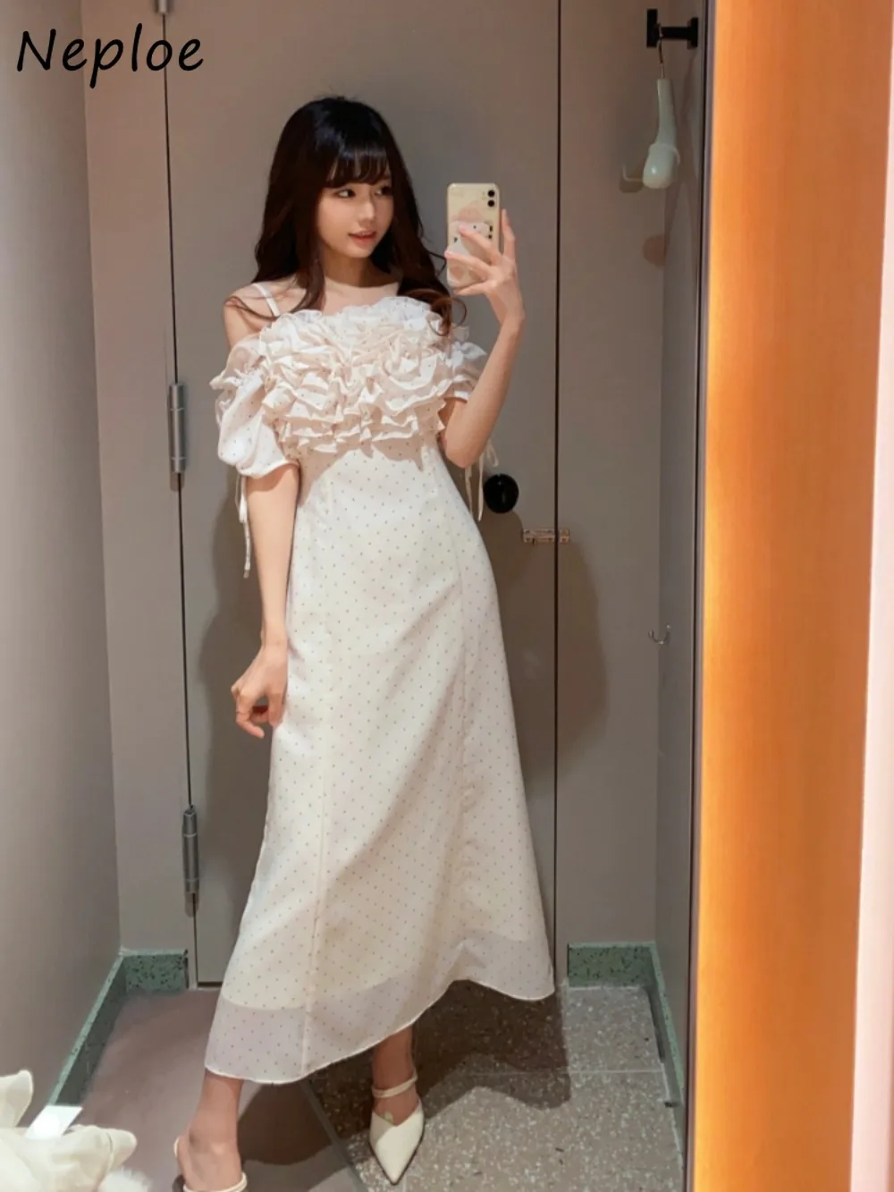 Neploe New Slash Neck Puff Sleeve Print Robe Off spalla Ruffles elegante Sling Dress Japan Sweet Lace Up coulisse Vestidos