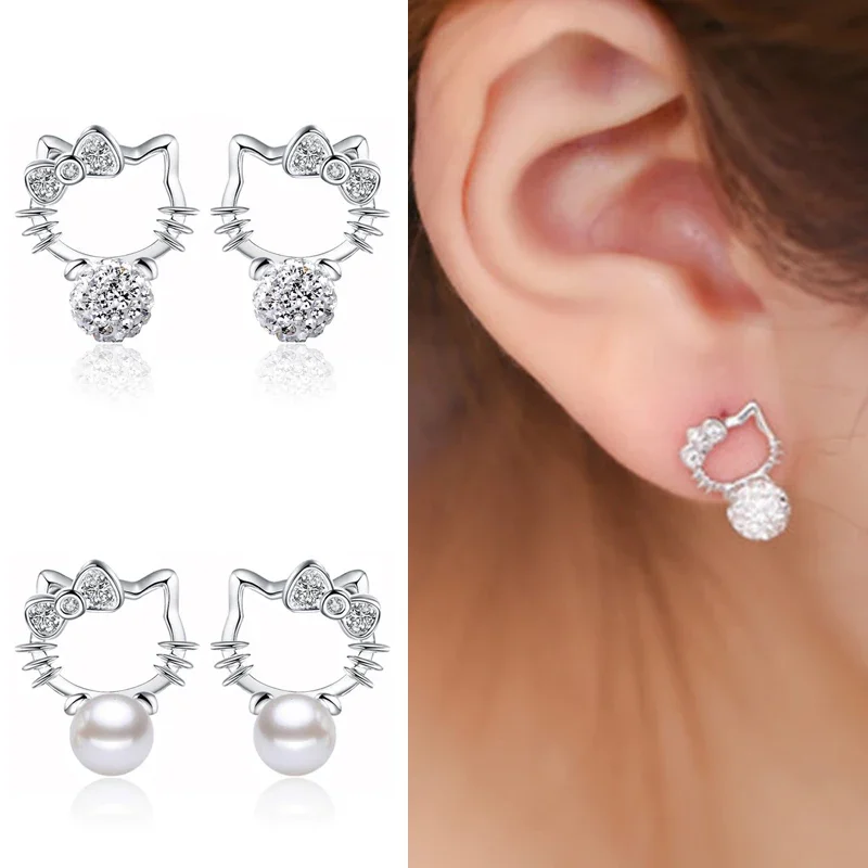 

Anime Hello Kittys Silver Plated Earrings for Women Fashion Light Luxury Full Diamond Pendant Decoration Festival Birthday Gift