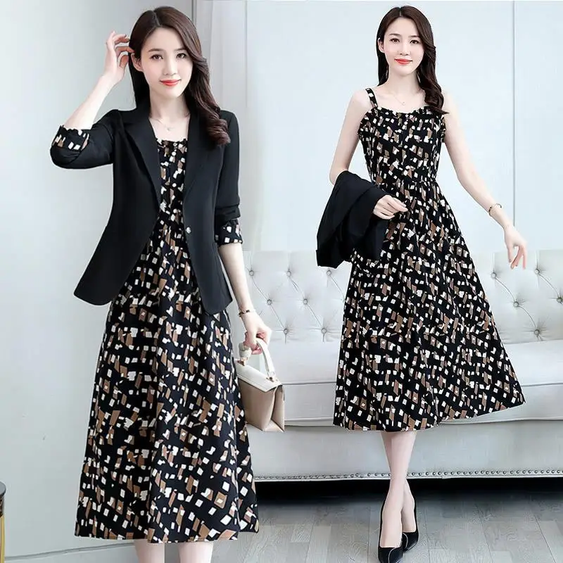 Women\'s Fashion Suit Set 2022 Fall New Casual Blazers Jacket Dress Two Piece Korean Elegant Vintage Floral Sling Midi Skirt Suit