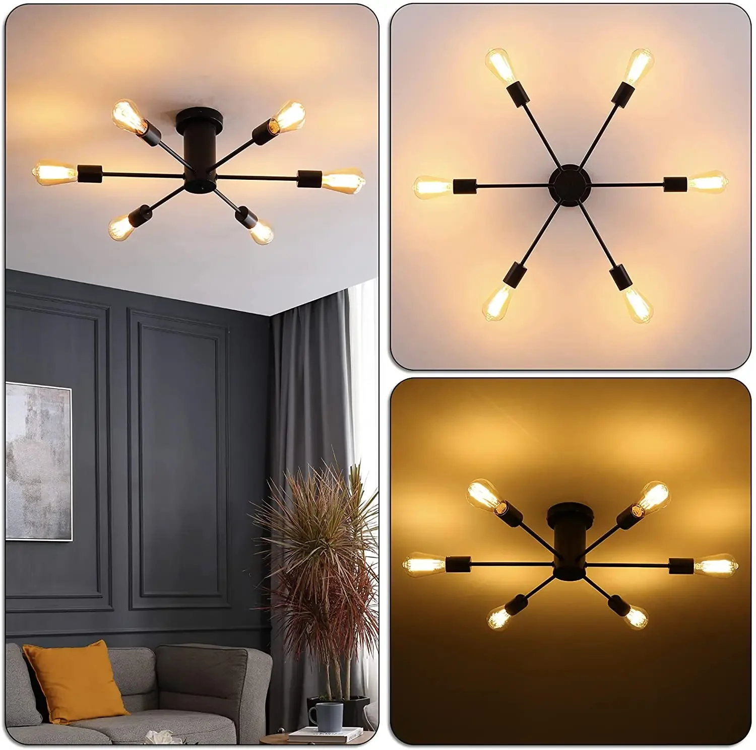 6-Light Semi Flush Mount Ceiling Lights Kitchen Lighting Brass Gold and Matte Black Metal Ceiling Lamp for Bedroom Living Room