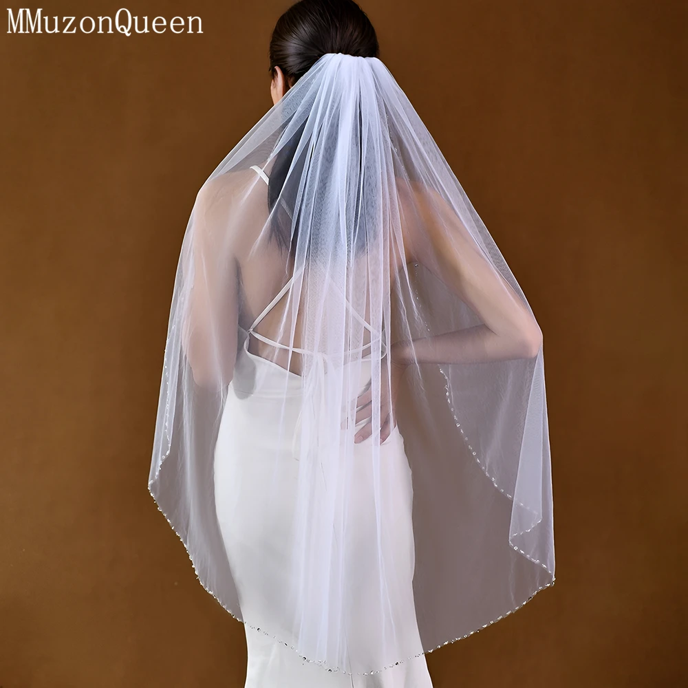 MMQ White Beaded Edge Bridal Veil Refers To Long Soft Tulle Wedding Accessory For Women's Wedding Dresses capa nupcial novia M22