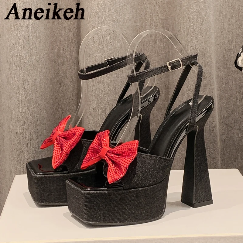 Aneikeh 2024 Summer Denim Square Toe Butterfly-Knot Platform Chain Peep Toe Women Sandals Sexy Buckle Strap Party Stripper Shoes